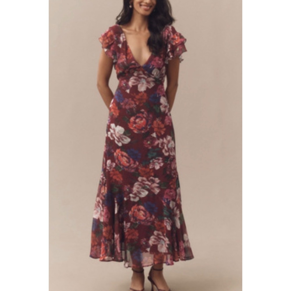 BHLDN Anthropologie Floral Maxi Dress Burgundy Flutter 12 boho whimsi flowy reso